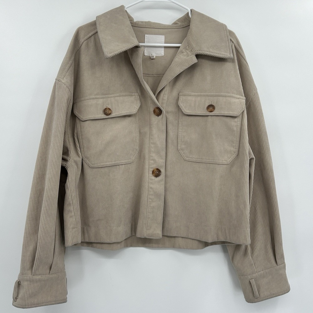 Avec Les‎ Filles Womens Cropped Corduroy Jacket Sz L Tan Boxy Minimalist Neutral